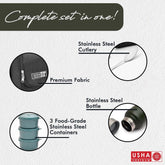 USHA SHRIRAM Lunch Box with Bottle (750ml)|3 Stackable Steel Containers with Fabric Bag, 1 Steel Water Bottle, and Cutlery |Lunch Boxes for Office Men and Women | Leak-Proof, Air-Tight (Dark Green)